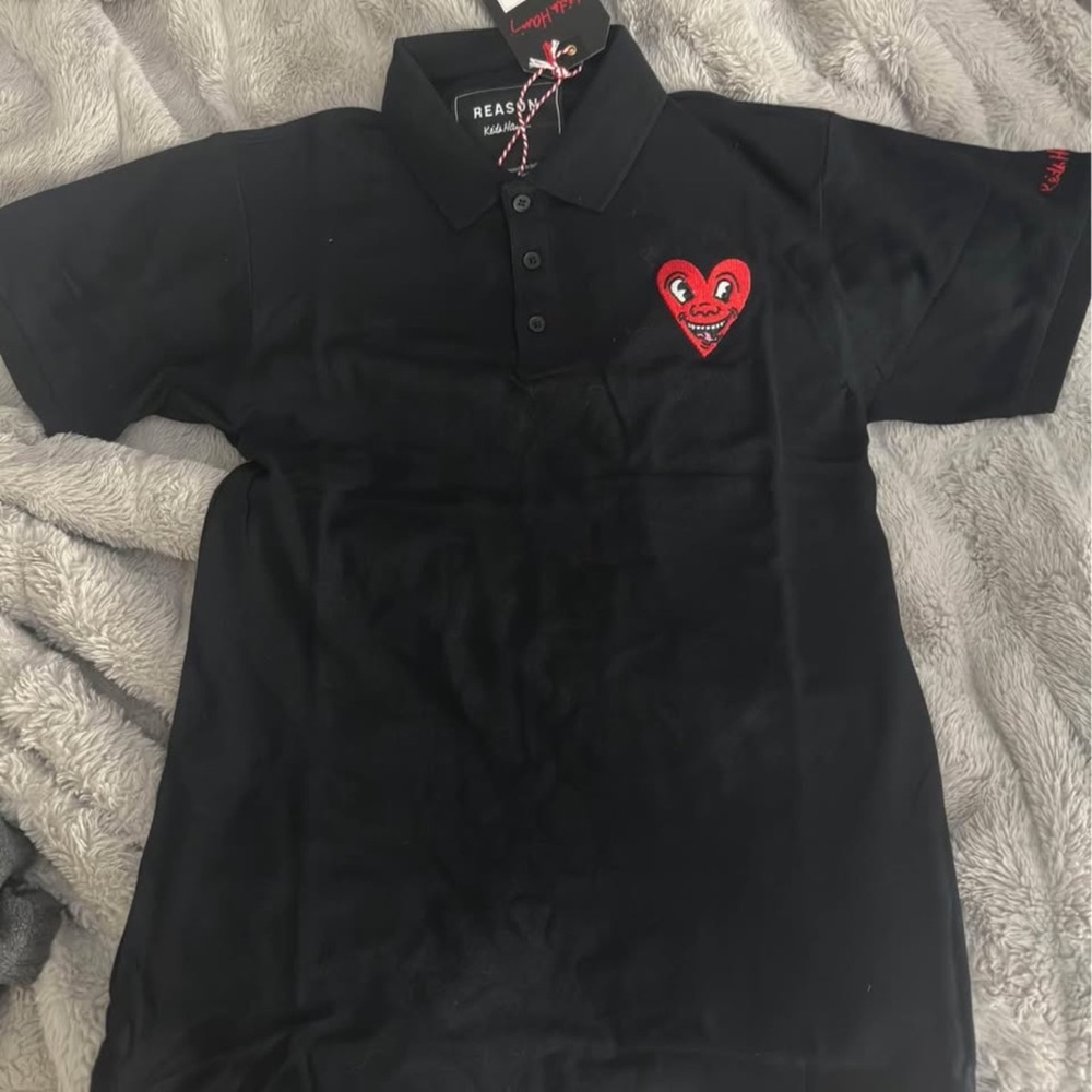 Fashion Nova Black Polo Shirt with Red Heart Patch